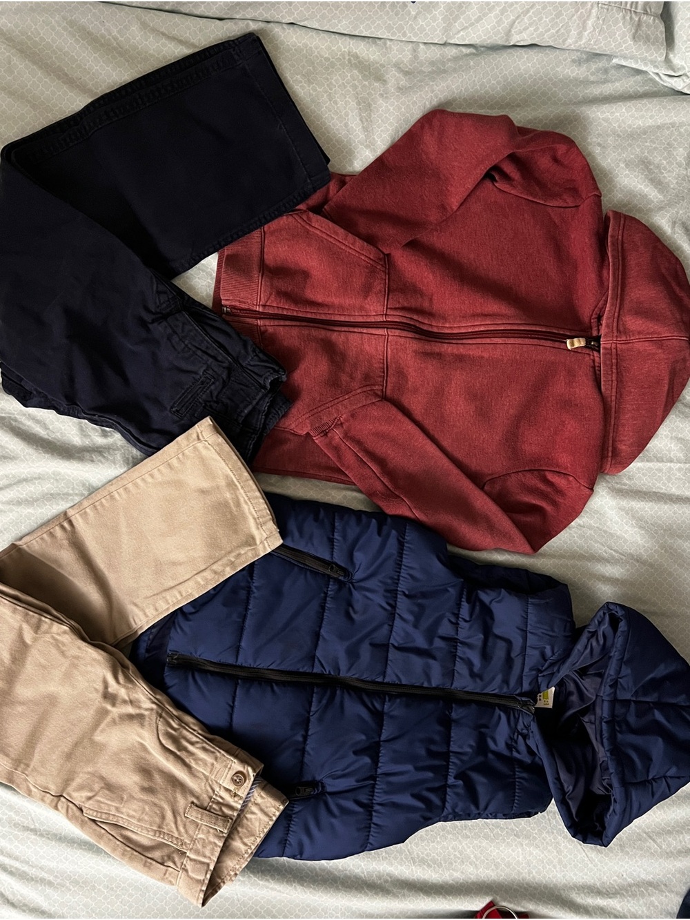Fall School uniform bundle 4-Piece Set - Hoodie, Puffer Vest, navy tan chinos
